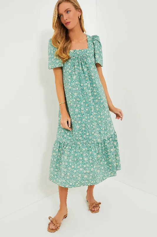 Sea Green Floral Square Neck Gracie Midi Dress