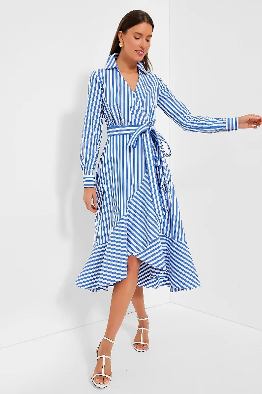 Wild Blue Iris and Fresh White Julia Stripe Wrap Dress