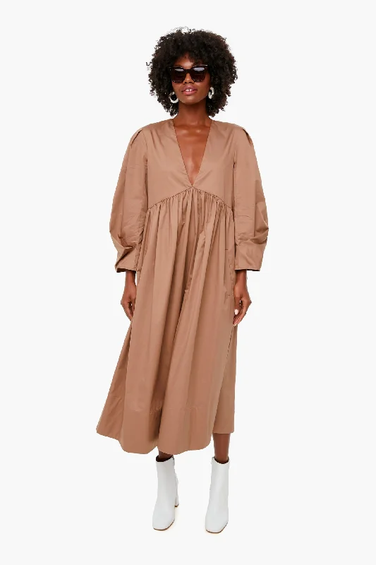 Hazelnut Eco Poplin Vneck Pleat Sleeve Dress