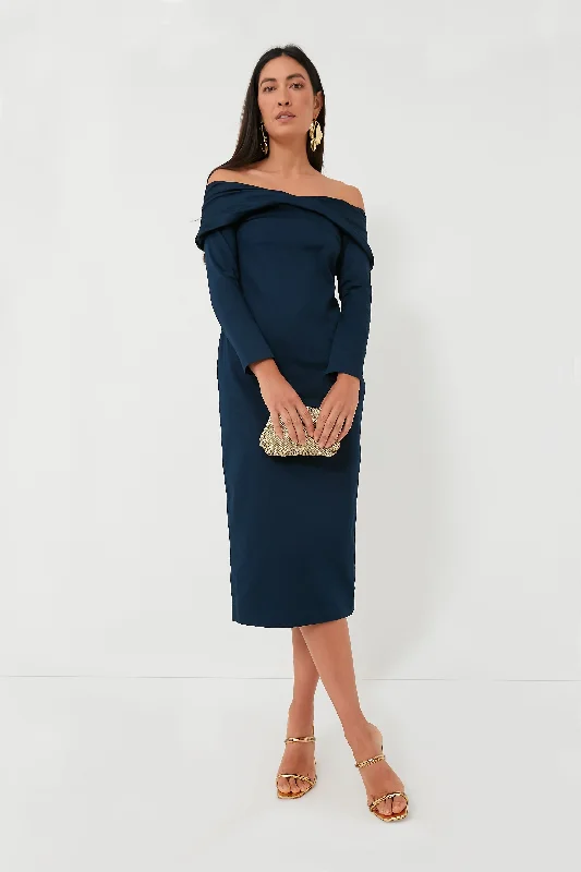 Navy Aliette Cotton Satin Midi Dress