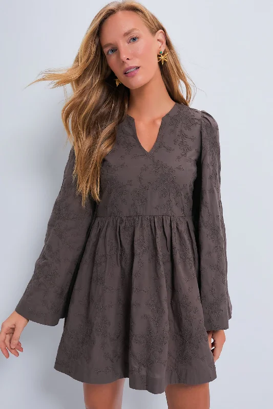 Brown Textured Becca Bell-Sleeved Mini Dress