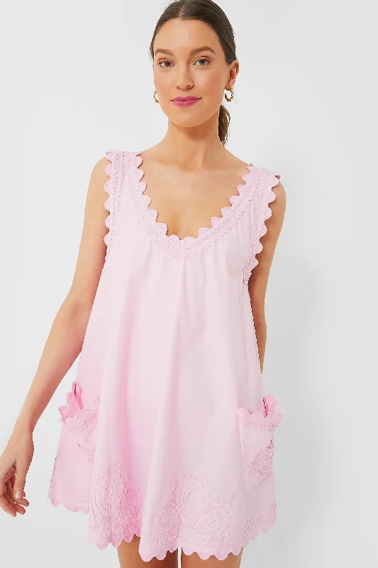 Pale Pink Poplin Low Back Dress with Ric Rac Embroidery