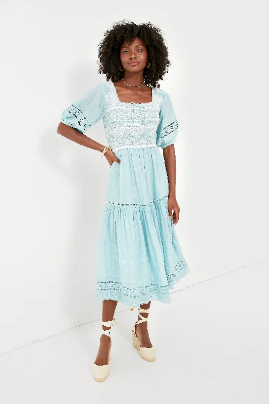 Blue Olga Hand Smocking Puff Sleeve Dress