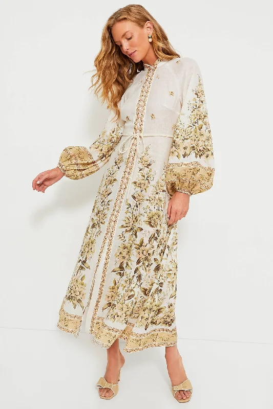 Sage Toile Floral Golden Buttoned Midi Dress