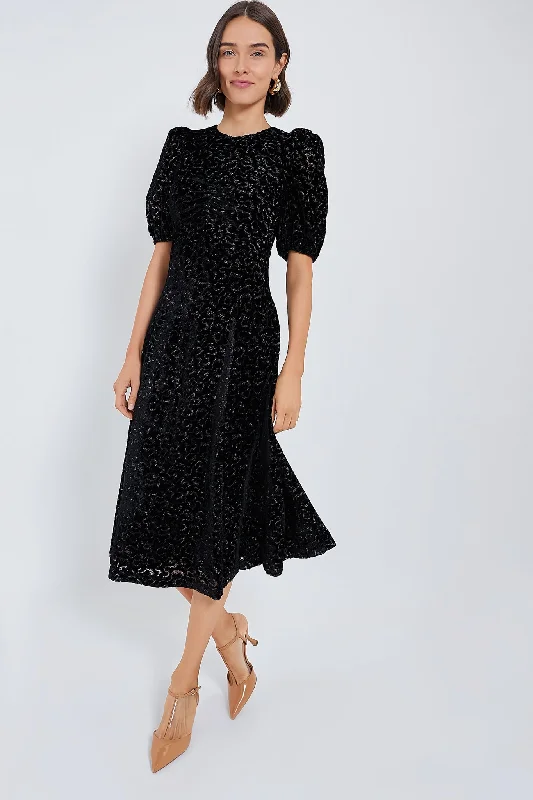 Black Sophia Burnout Velvet Puff Sleeve Dress