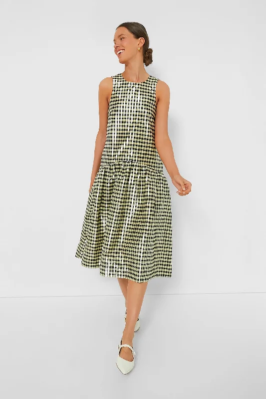 Lemon Icing Shiny Check Jacquard Midi Dress