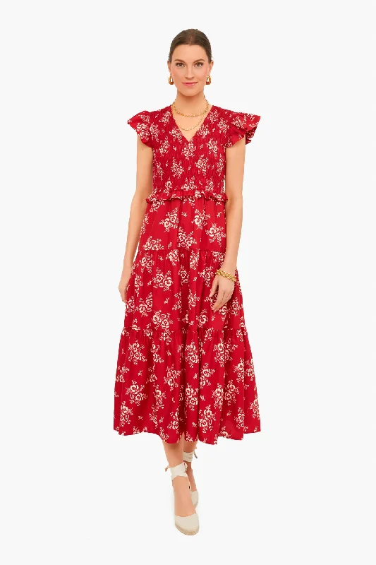 Exclusive Red Alessia Print Smocked Tiered Midi Dress