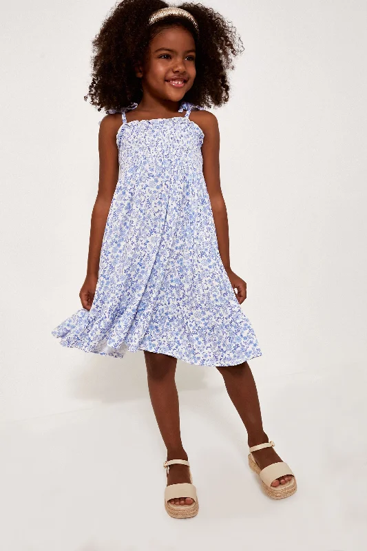 Blue Calico Floral Tie Strap Smocked Sundress