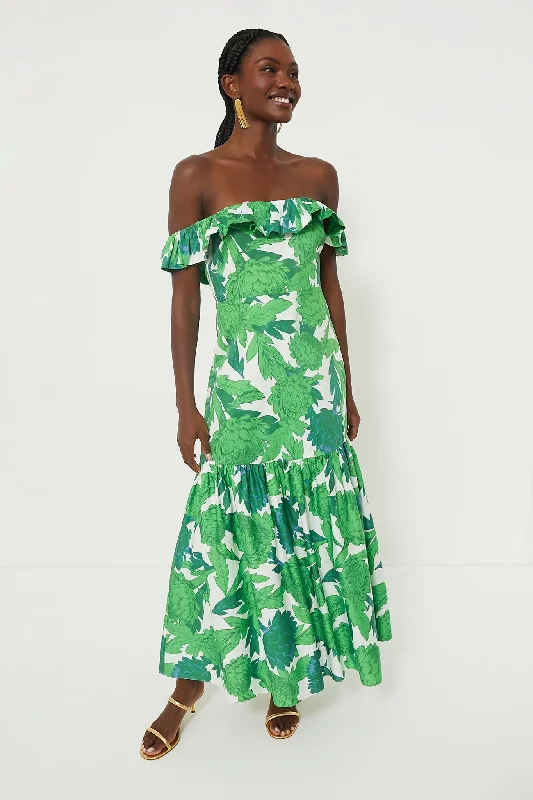 Green Dandelion Floral Off-the-Shoulder Giselle Dress