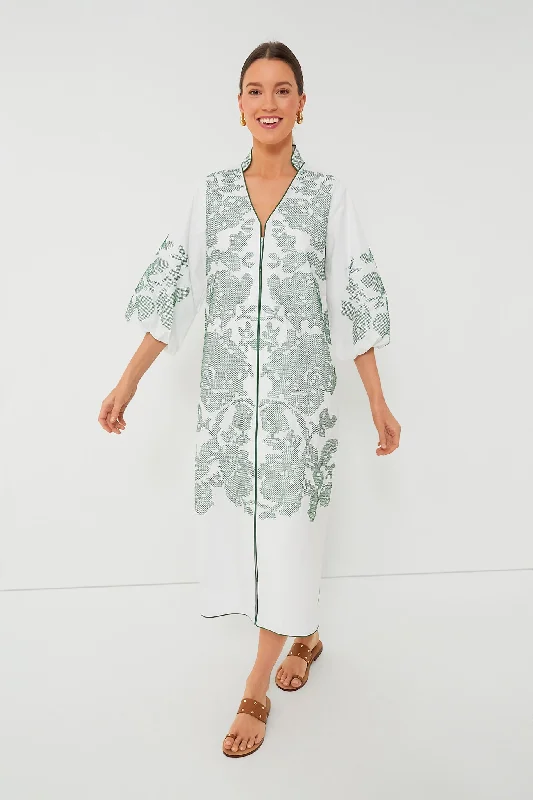 White & Green Embroidery Arem Caftan