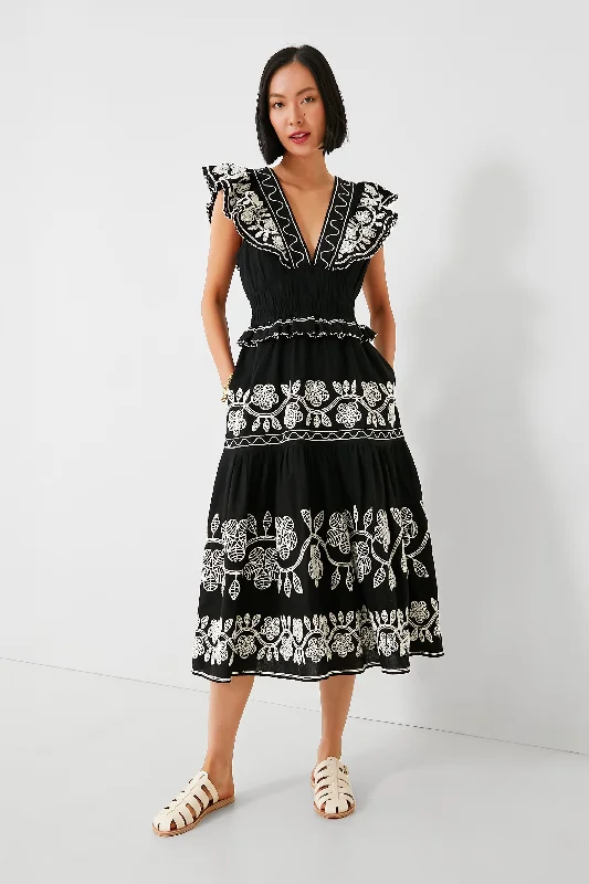 Black Beck Embroidery Flutter Sleeve V-Neck Dress