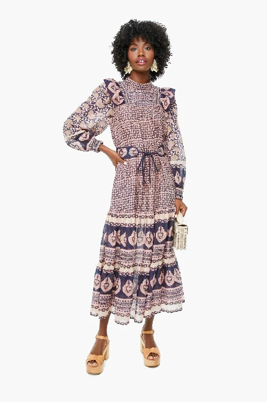 Lilac Margot Border Long Sleeve Belted Dress