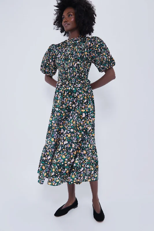 Black Multi Floral Smocked Samantha Midi Dress