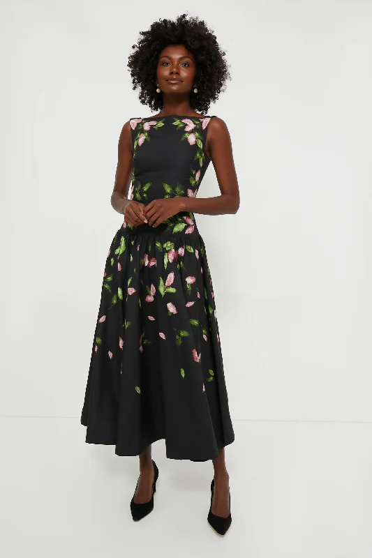 Black Floral Sleeveless Midi Dress