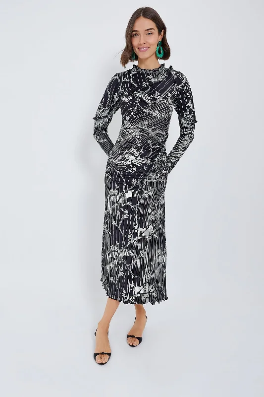 Black Sunniva Print Ruffle Detail Long Sleeve Dress