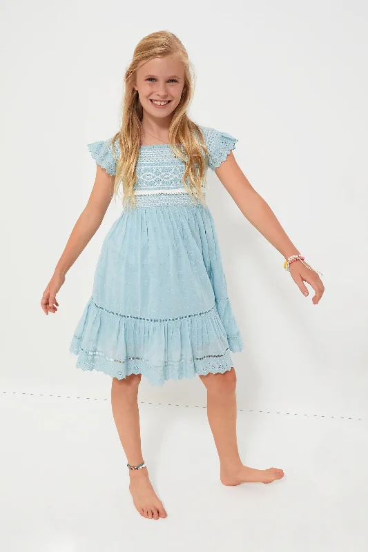 Blue Olga Hand Smocking Short Sleeve Smocked Dress